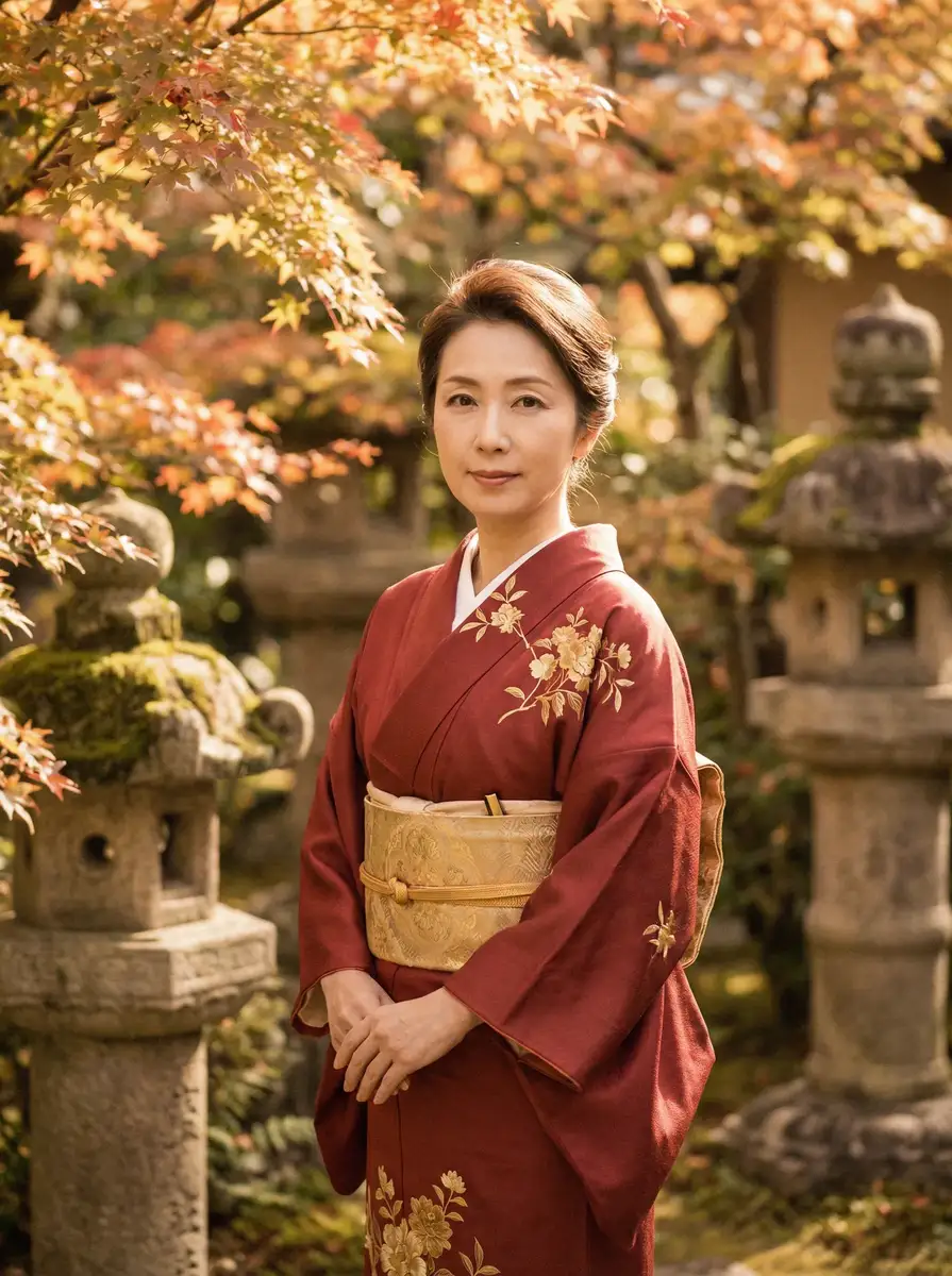 一位身穿暗红色和服的优雅 苏紫紫《初》作品 在日式庭院中